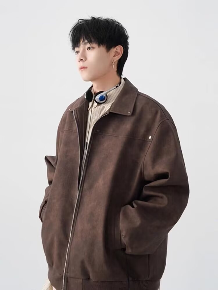 American Retro Lapels Leather Men's Casual Jacket